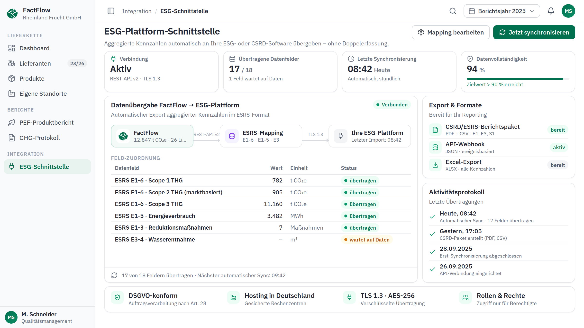 FactFlow Schnittstelle zur ESG-Plattform mit Feld-Zuordnung und Export-Formaten