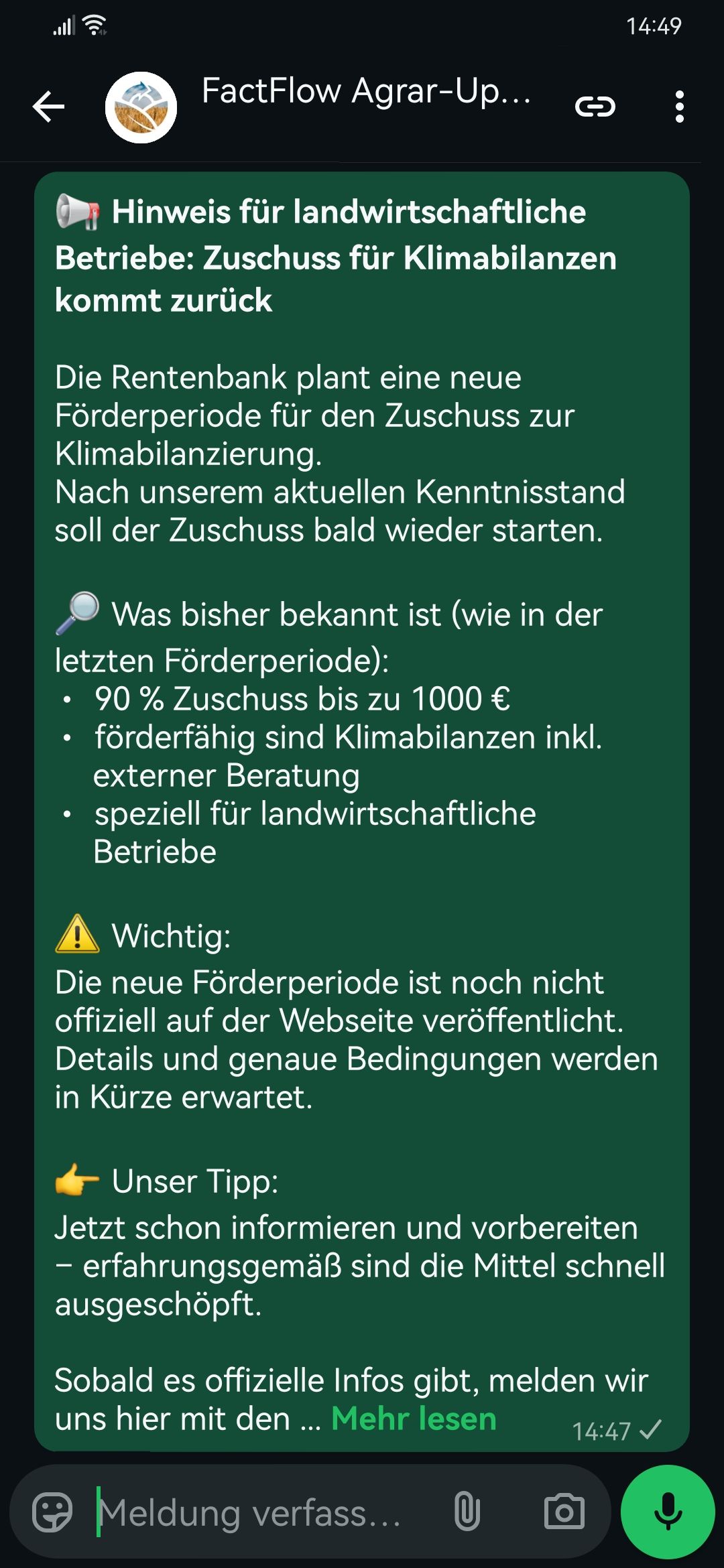 FactFlow Agrar-Update WhatsApp-Kanal